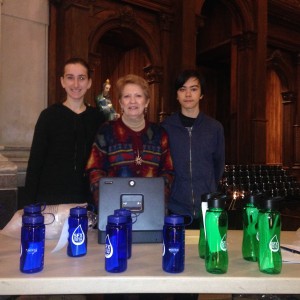 Daniela Pierro, Lynn Corwin, and Kai Tsurumaki selling reusable water bottles.